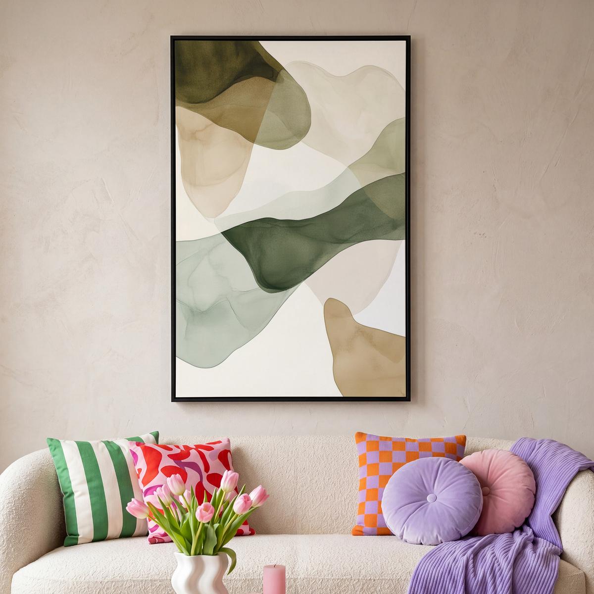 LEINWAND Bilder mit Rahmen - Japandi - Abstrakt - Grün - 90x140 - Salbeigrün, Textil (90/140cm) - MuchoWow