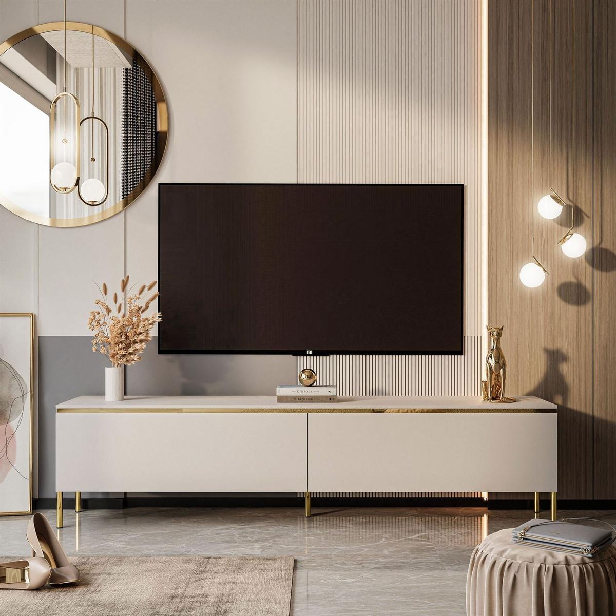 TV-LOWBOARD AURORA Kaschmir mit gerade Goldchrom Fuße und LED Beleuchtung - Kaschmir/Goldfarben, Holzwerkstoff/Metall (180/46/40cm) - Lookway
