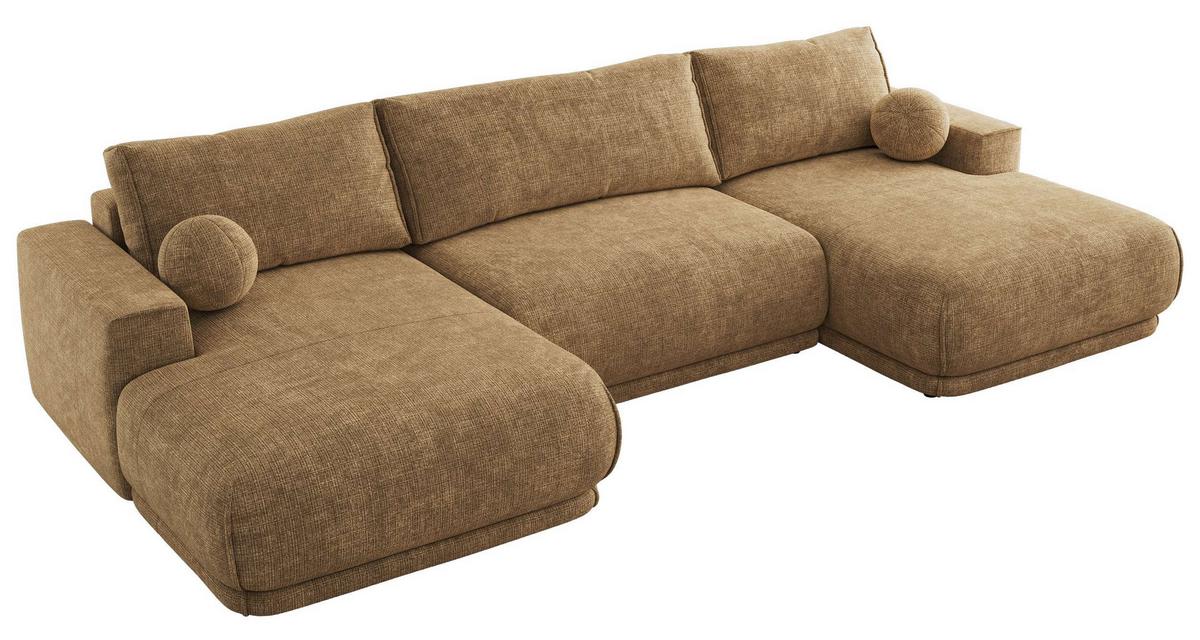 WOHNLANDSCHAFT RINA U Hellbraun Schenille grob gewebt - Hellbraun/Schwarz, Kunststoff/Textil (360/85/170cm) - MKS