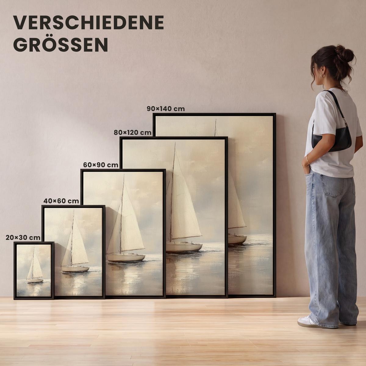 LEINWAND Bilder mit Rahmen - Segelschiff - Meer - Bewölkt - 100x150 - Creme, Textil (100/150cm) - MuchoWow