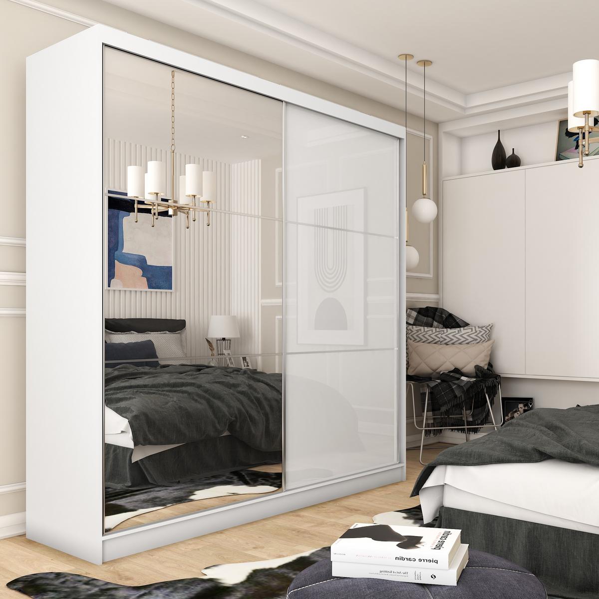 SCHWEBETÜRENSCHRANK VITALE 200/216/61 cm 2-türig mit Spiegel Weiß - Weiß, Holzwerkstoff (200/216/61cm) - MASSENO