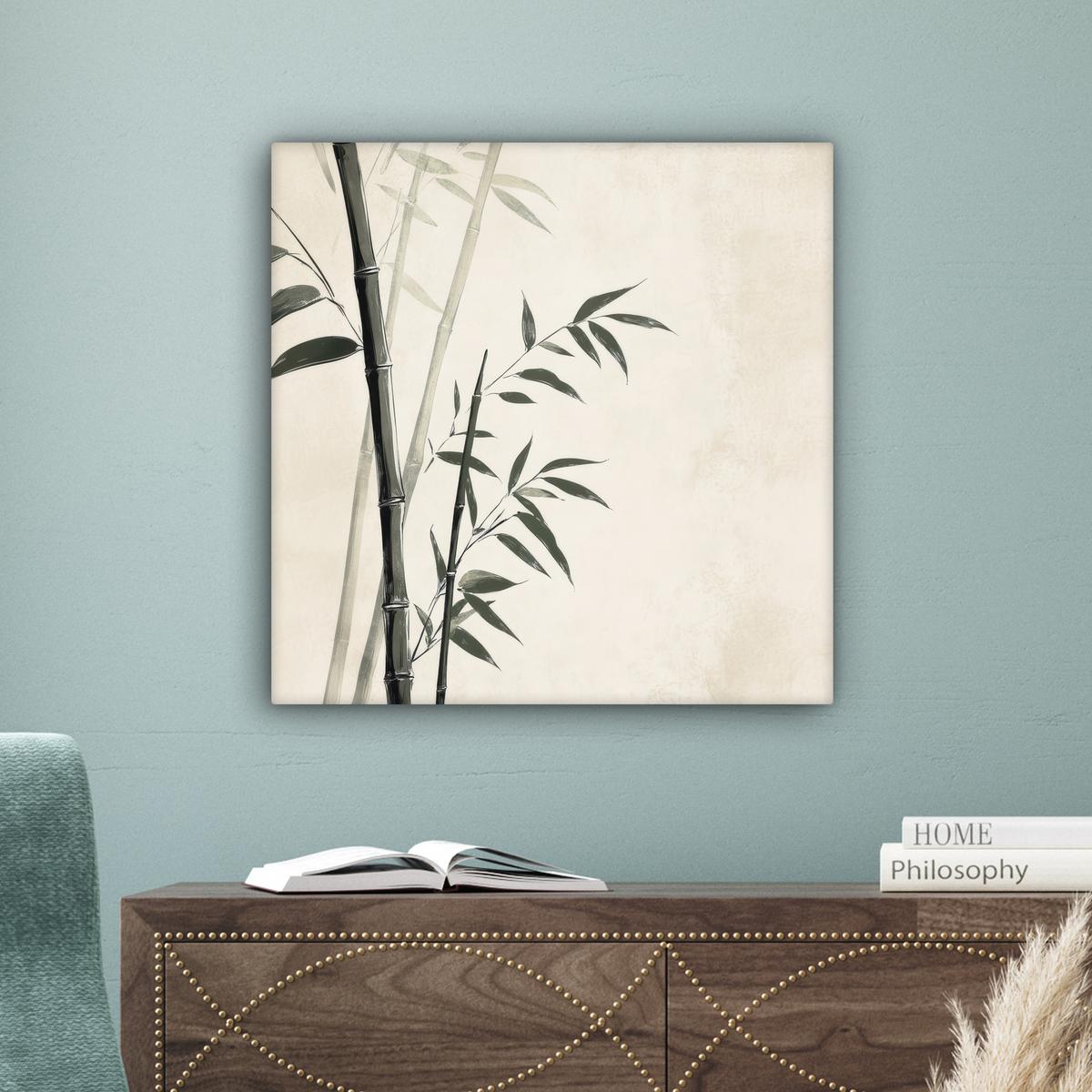 LEINWANDBILD Japandi - Bambus - Beige Wandbild Wohnzimmer 50x50 cm - Eukalyptusholzfarben, Textil (50/50cm) - MuchoWow