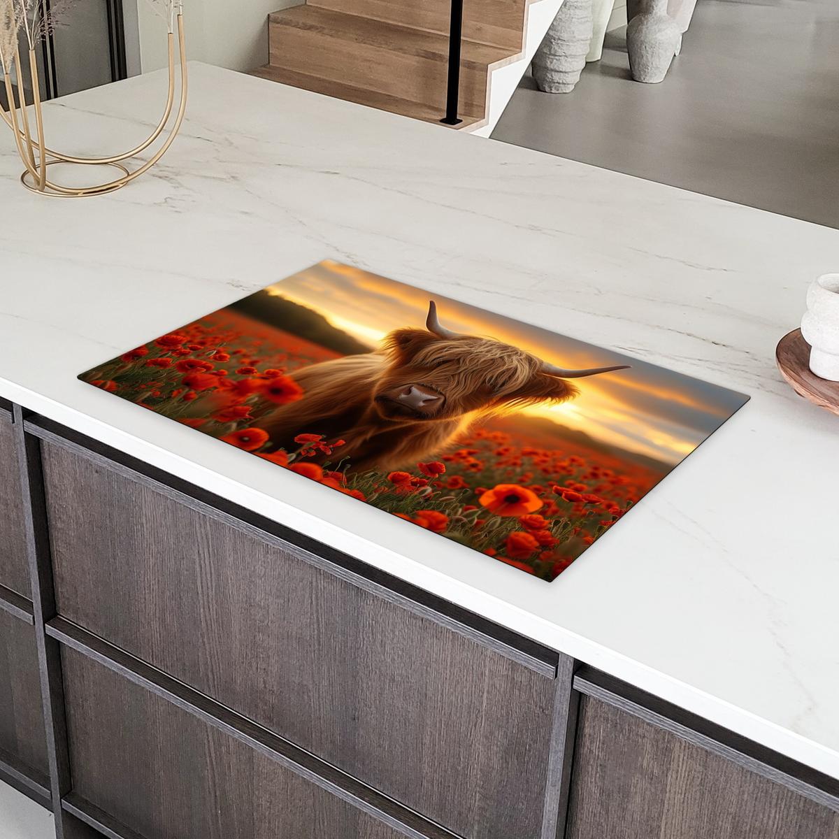 HERDABDECKPLATTE Schottische Highlander - Rosen - Blumenfeld - Sonnenuntergang Ceranfeldabdeckung 85x52 cm - Rotbraun, Kunststoff (85/52/0.2cm) - MuchoWow