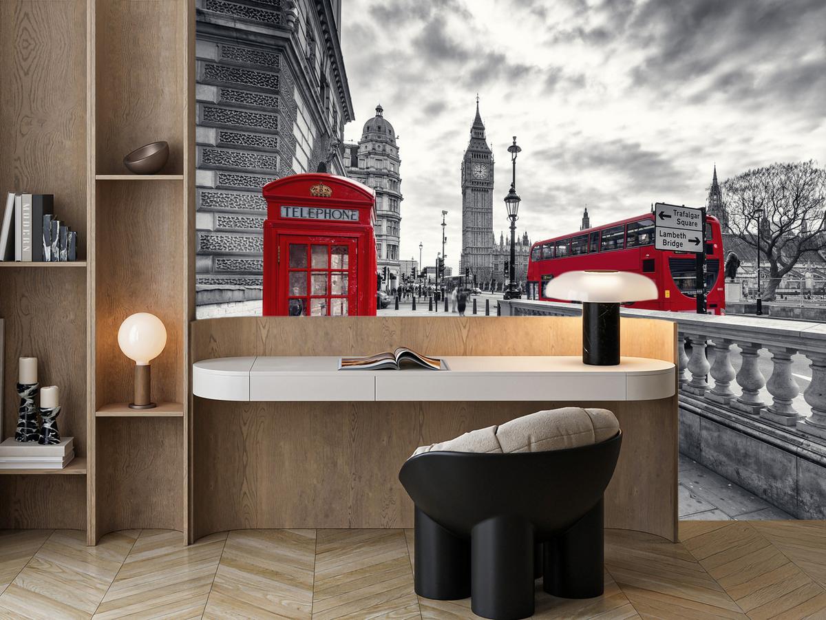 FOTOTAPETE für Wohnzimmer Rote Telefonzelle London Monument BIG BEN Bus 150x105 - Rot/Weiß, Papier (150/105cm) - Muralo