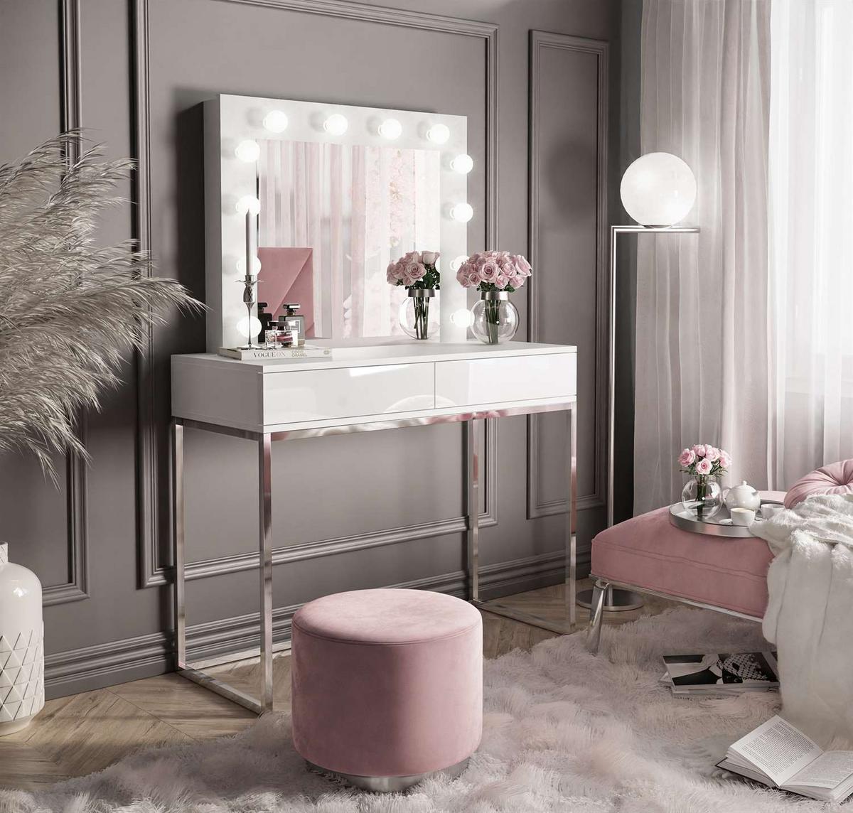 SCHMINKTISCH BLANCO GLAMOUR mit Spiegel und Beleuchtung Weiß Hochglanz PUSH OPEN - Weiß Hochglanz/Silberfarben, Holzwerkstoff (100/146/42cm) - Lookway