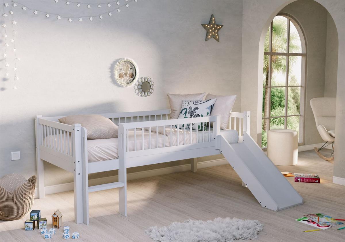 SPIELBETT 90x200 Keeley Buche Weiß mit Rutsche Leiter - Weiß, Holz (90/200cm) - 58aufmkessel
