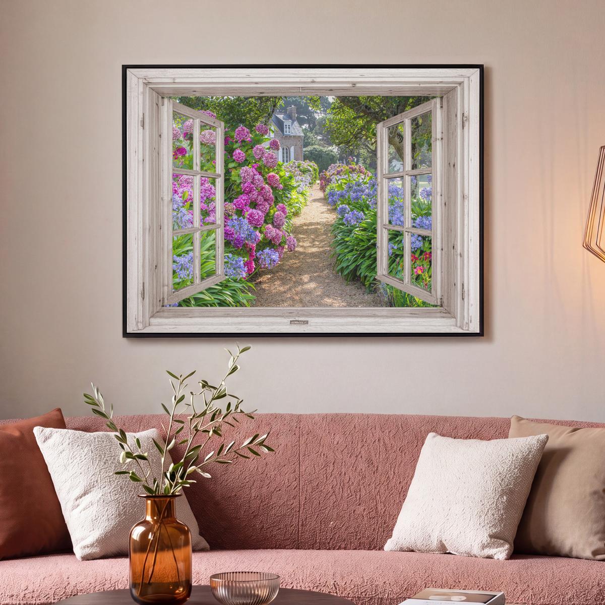 LEINWAND Bilder mit Rahmen - Hortensie - Durchsichtig - Blumen - Sommer - Lila - Weg - 100x70 - Lila, Textil (100/70cm) - MuchoWow