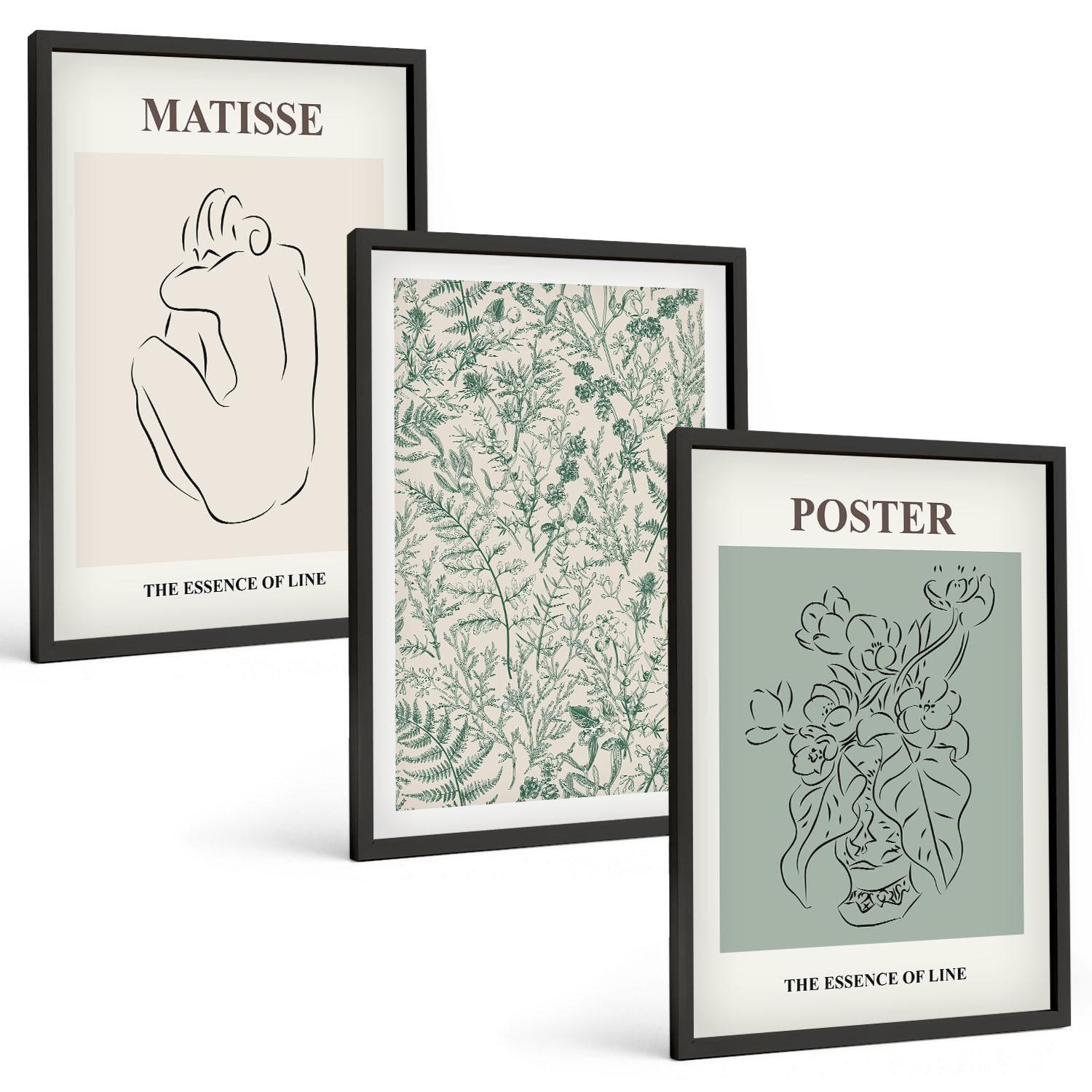 BILDER SET 3er Set - 40x60 cm Schwarzer Rahmen - Linien, Pflanzenmuster, Minimalismus - Schwarz, Kunststoff (40/60cm) - TULUP