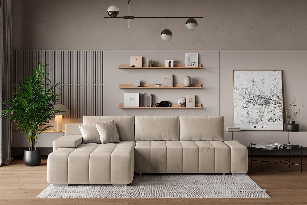 ECKSOFA ALESE L-S Creme Velours-Stoff mit Schlaffunktion - Silberfarben/Creme, Holz/Textil (265/185cm) - MASSENO