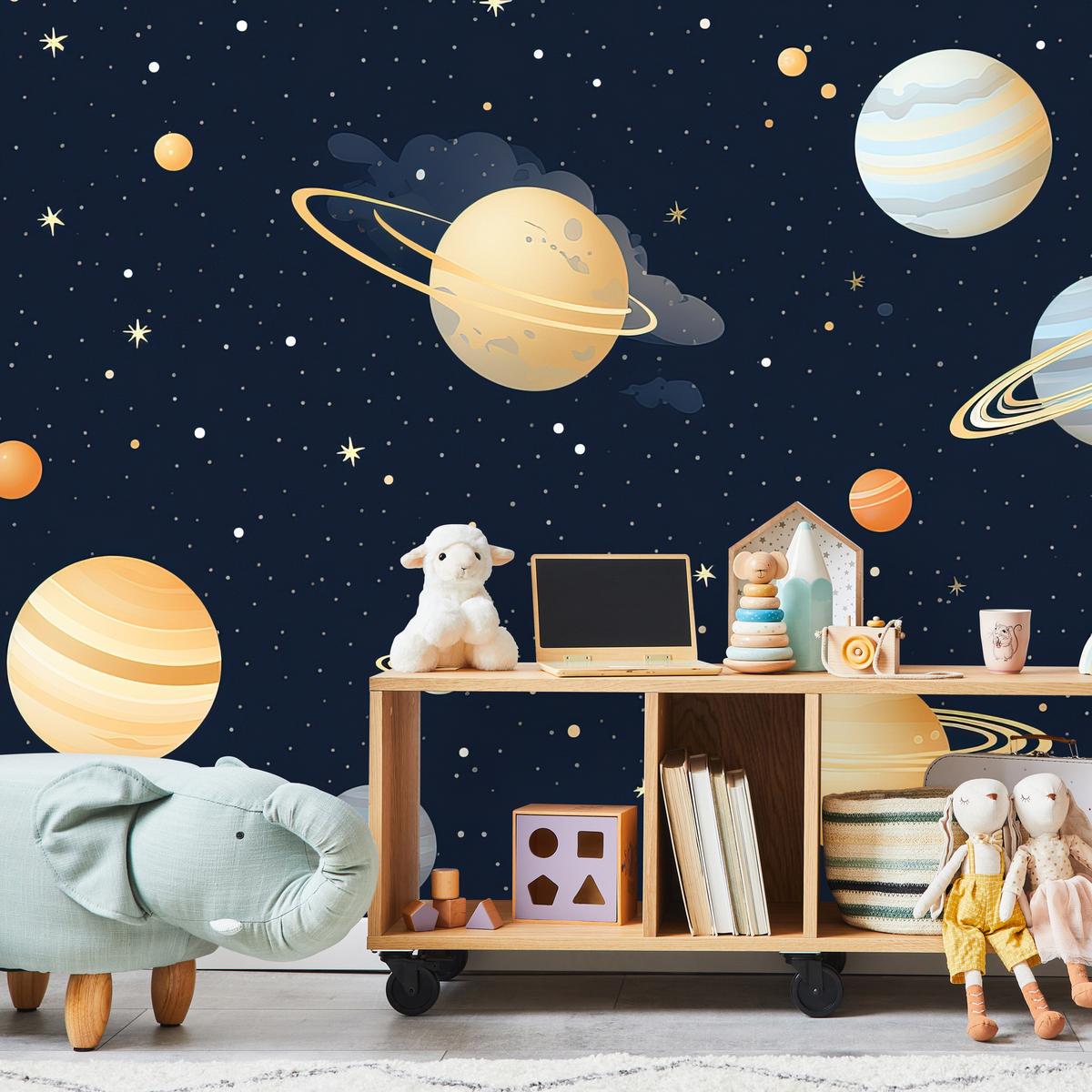 FOTOTAPETE für Kinderzimmer Märchen Galaxie Planeten Sterne 500x350 - Blau/Gelb, Papier (500/350cm) - Muralo