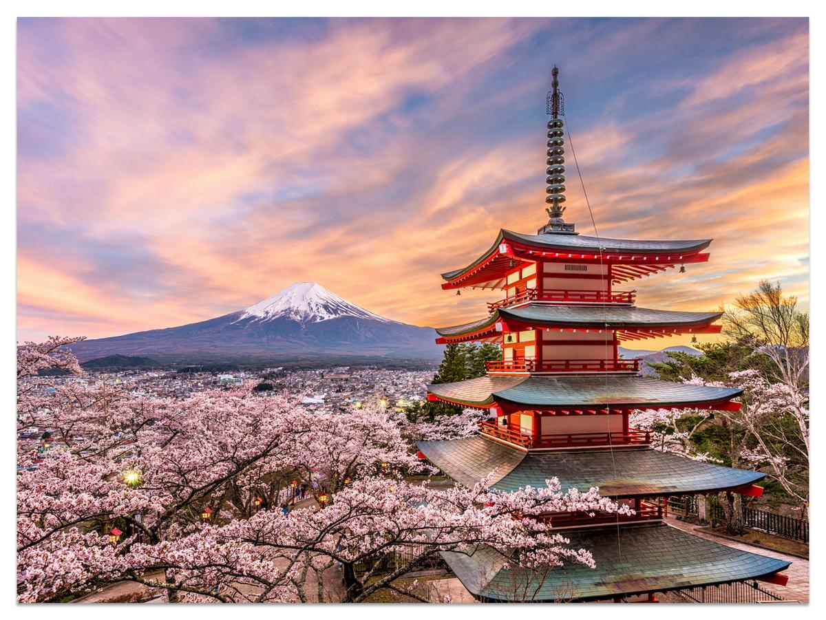 FOTOTAPETE für Wohnzimmer Japanische Pagode Frühling Sonnenuntergang 300x210 - Rot/Violett, Papier (300/210cm) - Muralo