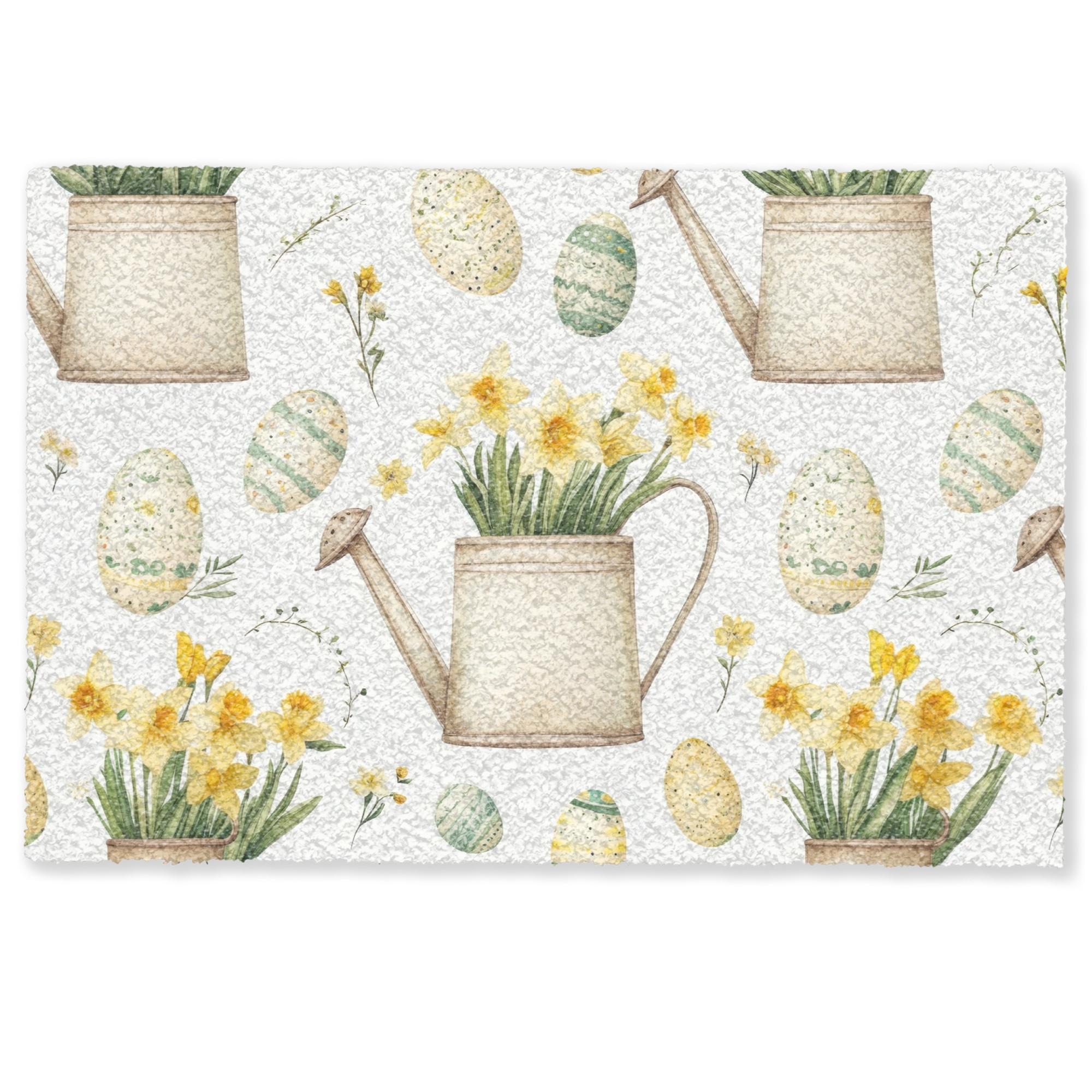 FUSSMATTE Gießkanne - Blumen - Eier Teppichmatte 90x60 cm - Gelb/Weiß, Kunststoff (60/90cm) - MuchoWow