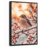 LEINWAND Bilder mit Rahmen - Vogel - Zweig - Winter - Tiere - Schnee - 20x30 - Bernsteinfarben, Textil (20/30cm) - MuchoWow