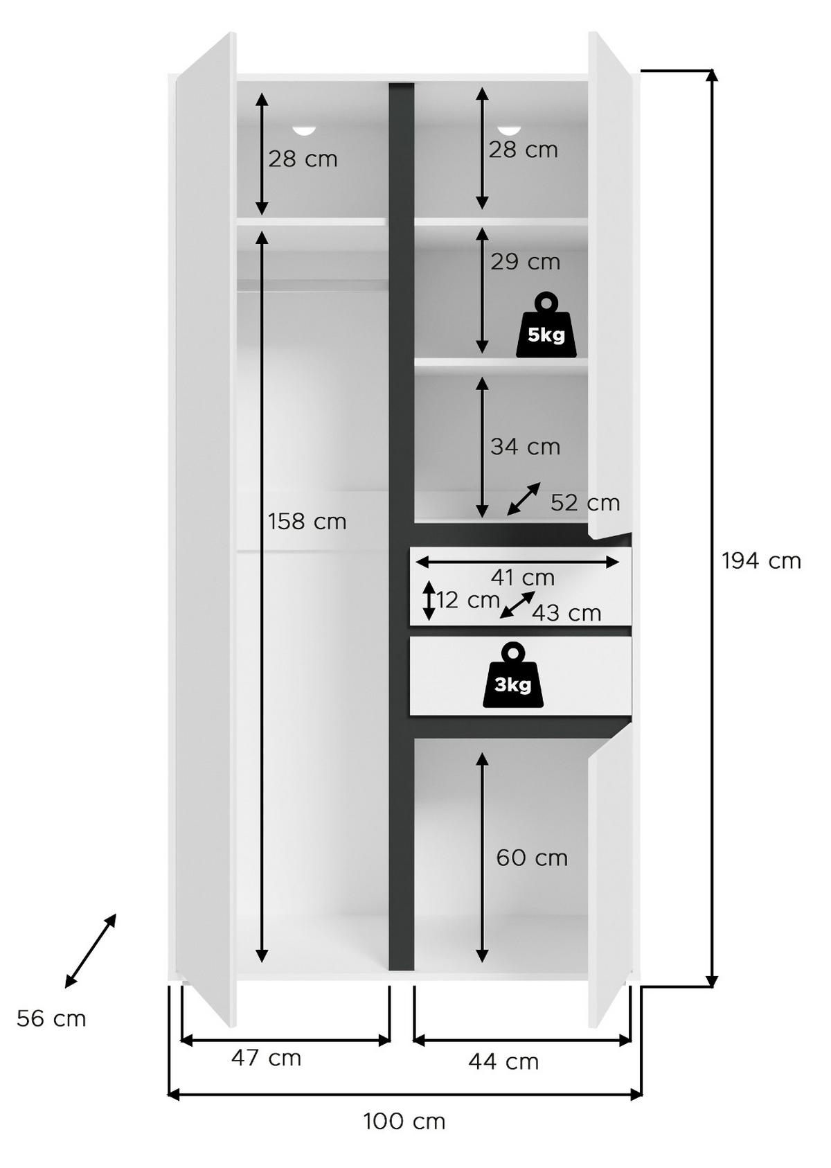 KLEIDERSCHRANK weiß, grau 100 x 194 cm, Drehtürenschrank 3-türig - Anthrazit/Silberfarben, Holzwerkstoff/Kunststoff (100/194/56cm) - Inn.Furn