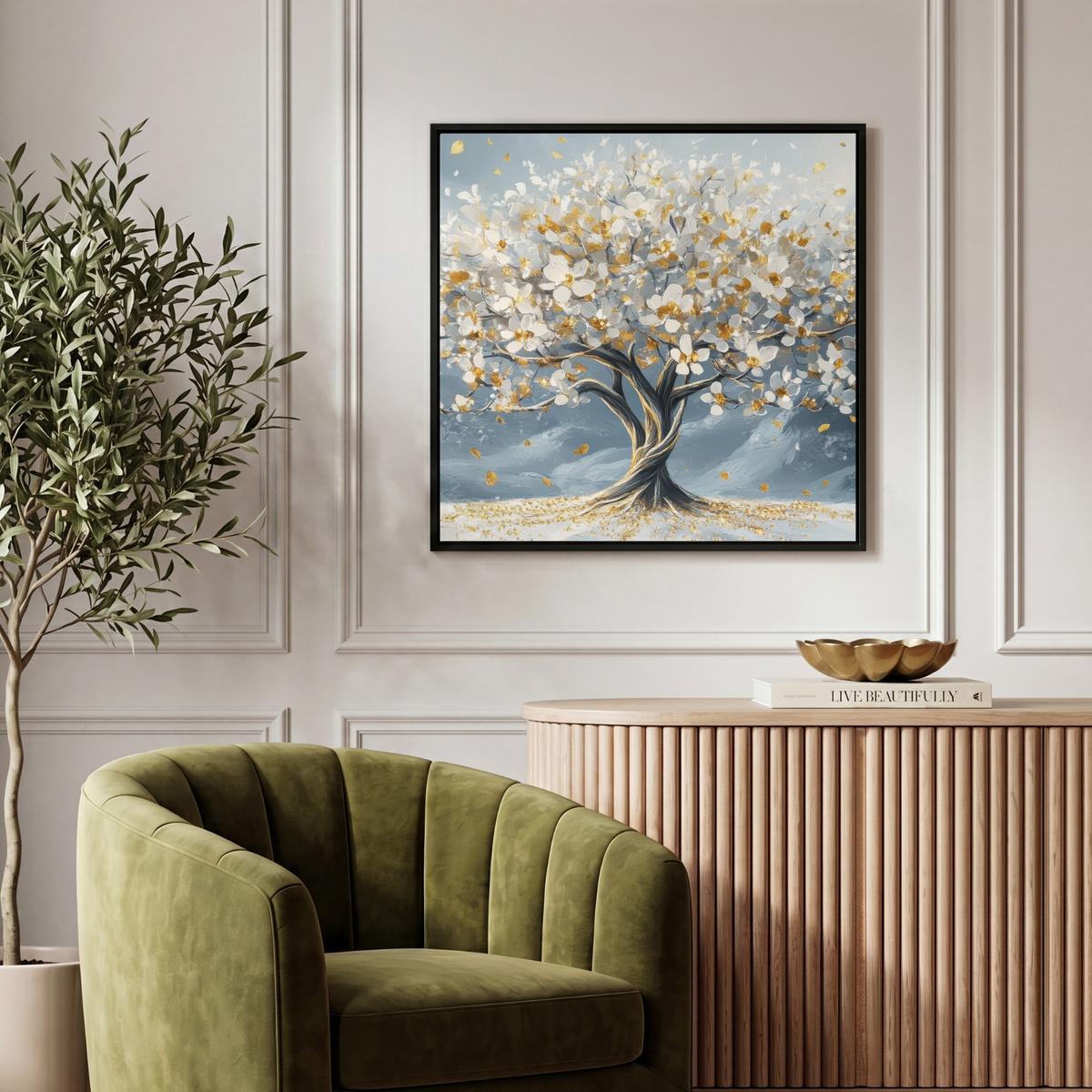 LEINWAND Bilder mit Rahmen - Baum - Winter - Baum des Lebens - Modern - Gold - 50x50 - Goldfarben, Textil (50/50cm) - MuchoWow