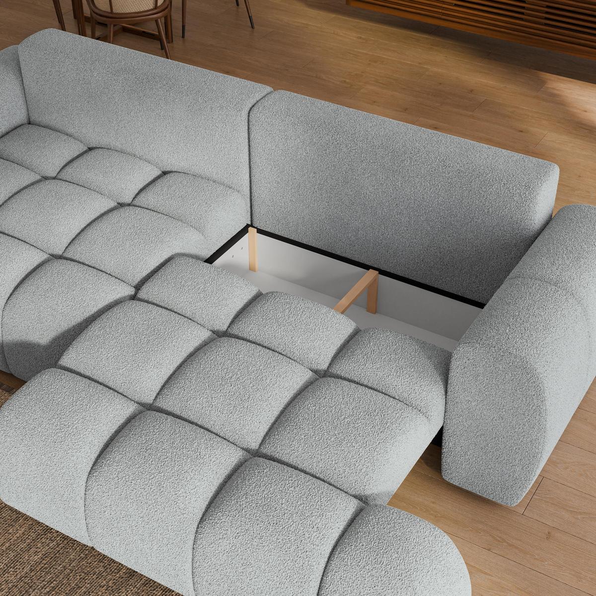 BETTSOFA DAFNE Hellgrau Bucle-Stoff mit Schlaffunktion - Hellgrau, Textil (300/88/113cm) - MASSENO