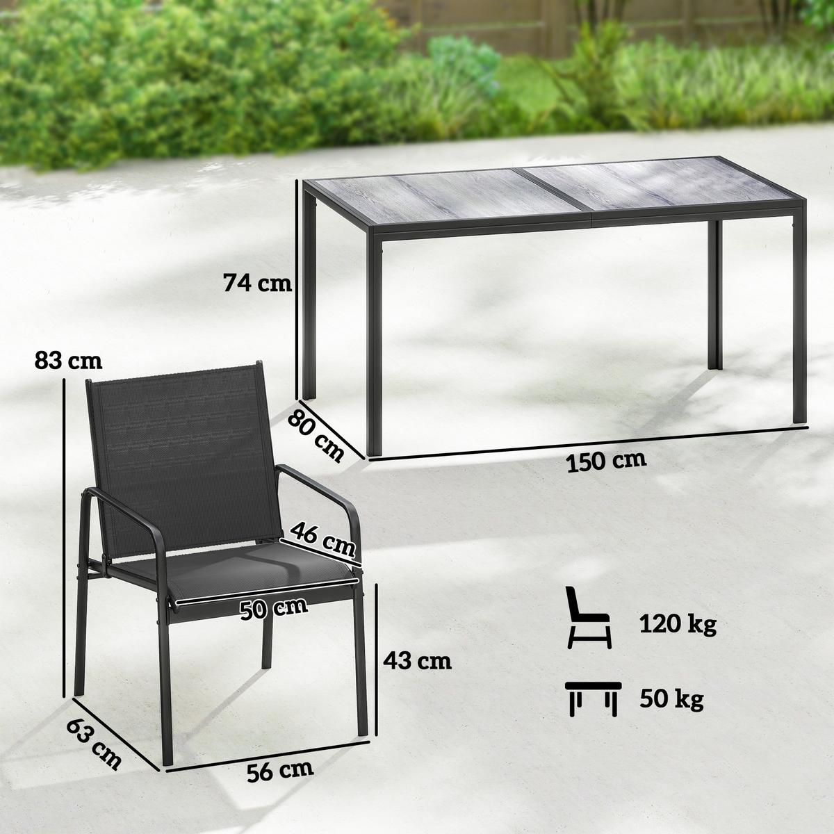 GARTENGARNITUR 7 TLG. Verzinkter-Stahl Schwarz - Schwarz/Grau, Kunststoff/Metall - Outsunny