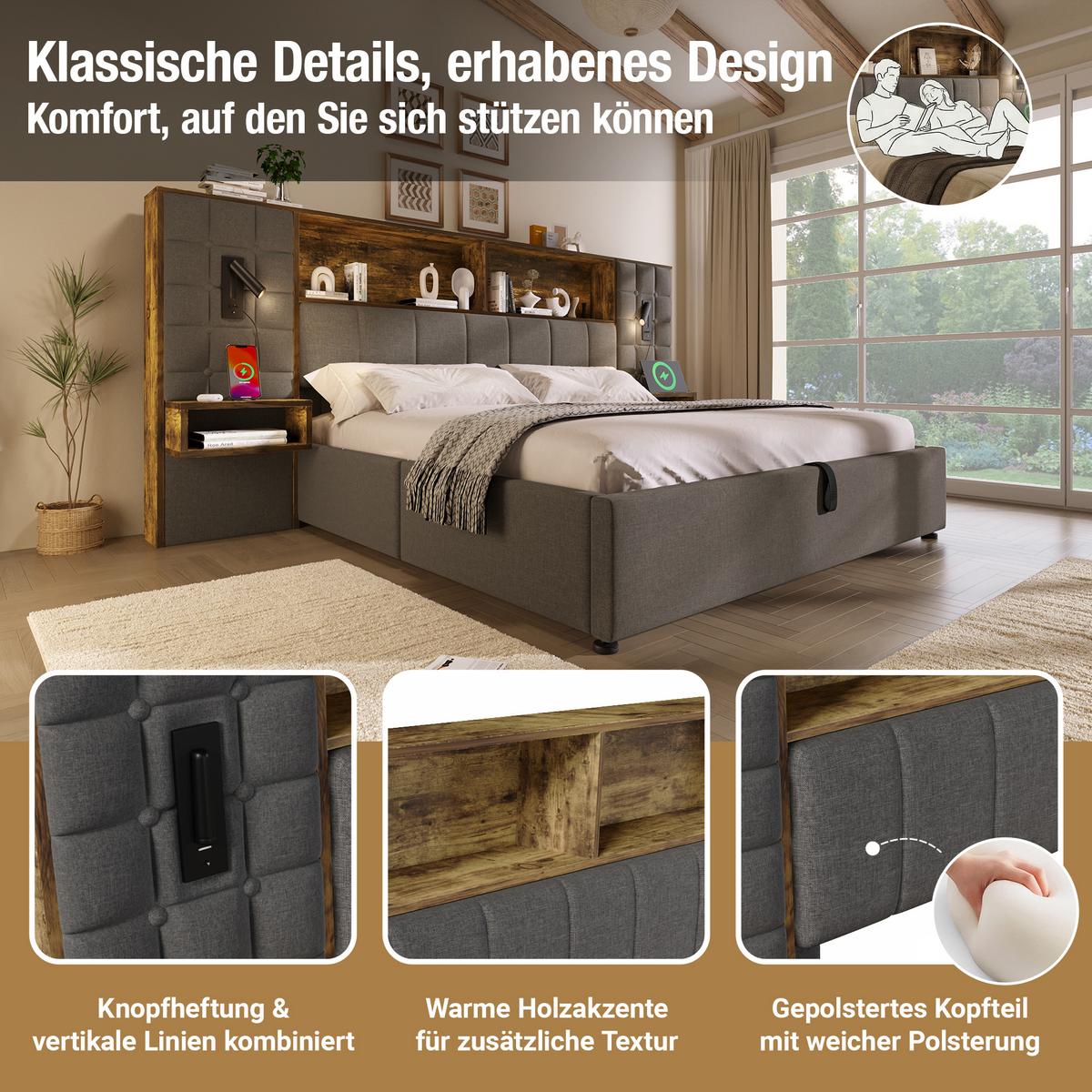 POLSTERBETT 160x200 mit Stauraum LED Nachttische USB Leinen - Grau, Textil (160/200cm) - Urban Meuble