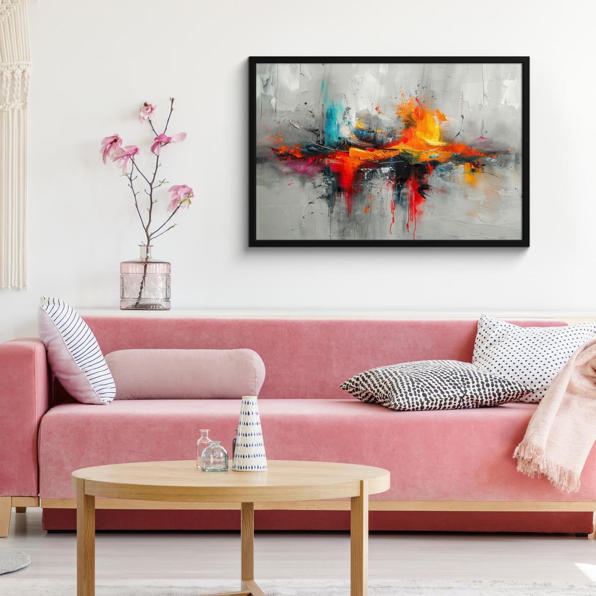 POSTER MIT RAHMENGERAHMTES BILD Moderne Kunst - Orange - Grau - Abstrakt 90x60 cm - Hellgrau, Papier (90/60cm) - MuchoWow