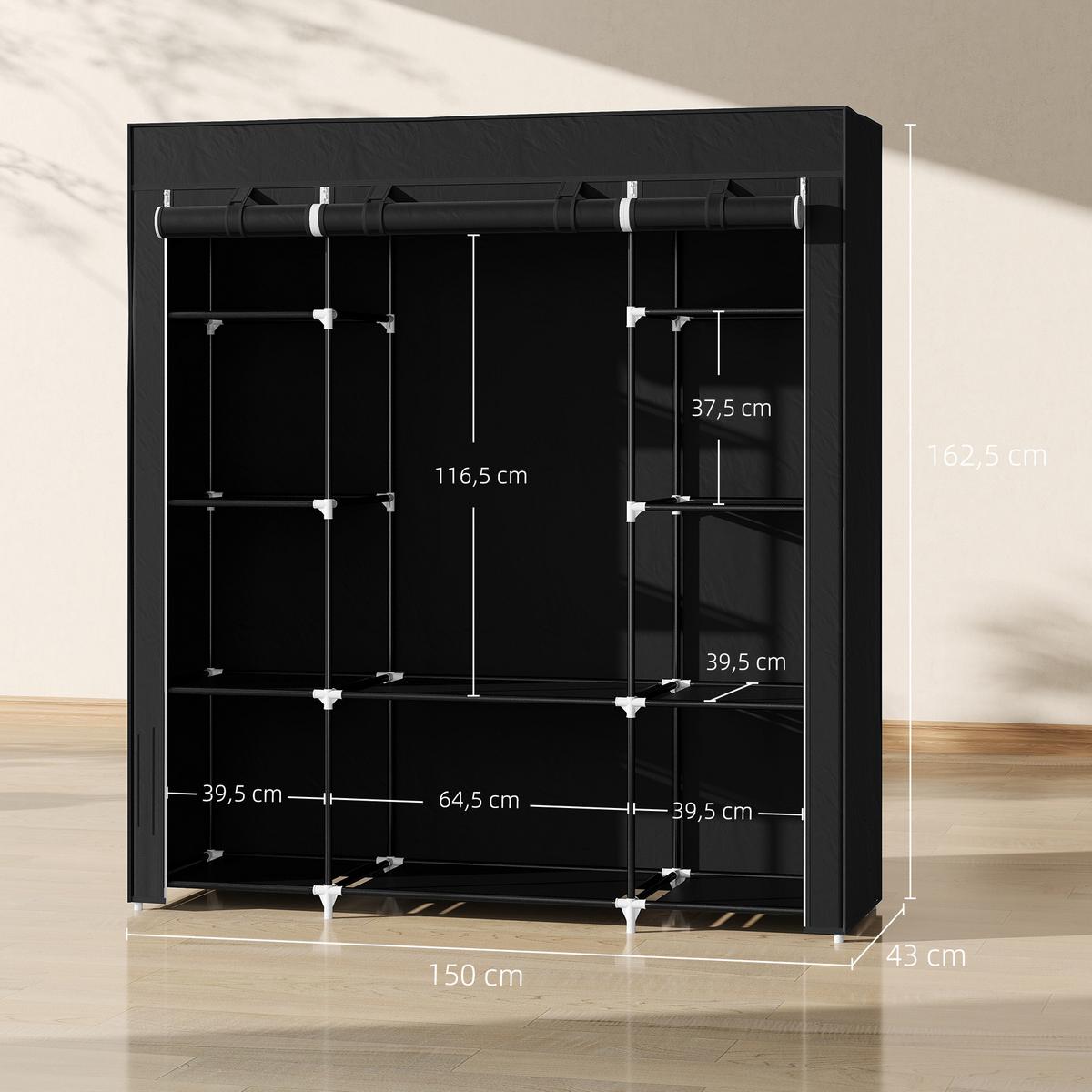 STOFFSCHRANK, Faltschrank mit Reißverschluss, Kleiderschrank, Tragbare Garderobe - Schwarz, Metall (43/162.5/150cm) - HOMCOM