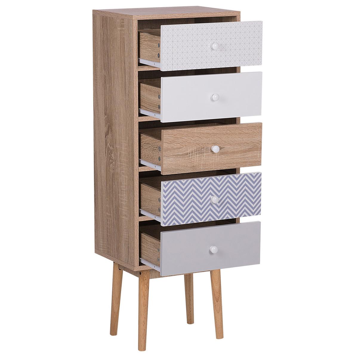 KOMMODE 5 Schubladen heller Holzfarbton/weiß Foley - Hellbraun/Blau, Holzwerkstoff (40/112/30cm) - Beliani