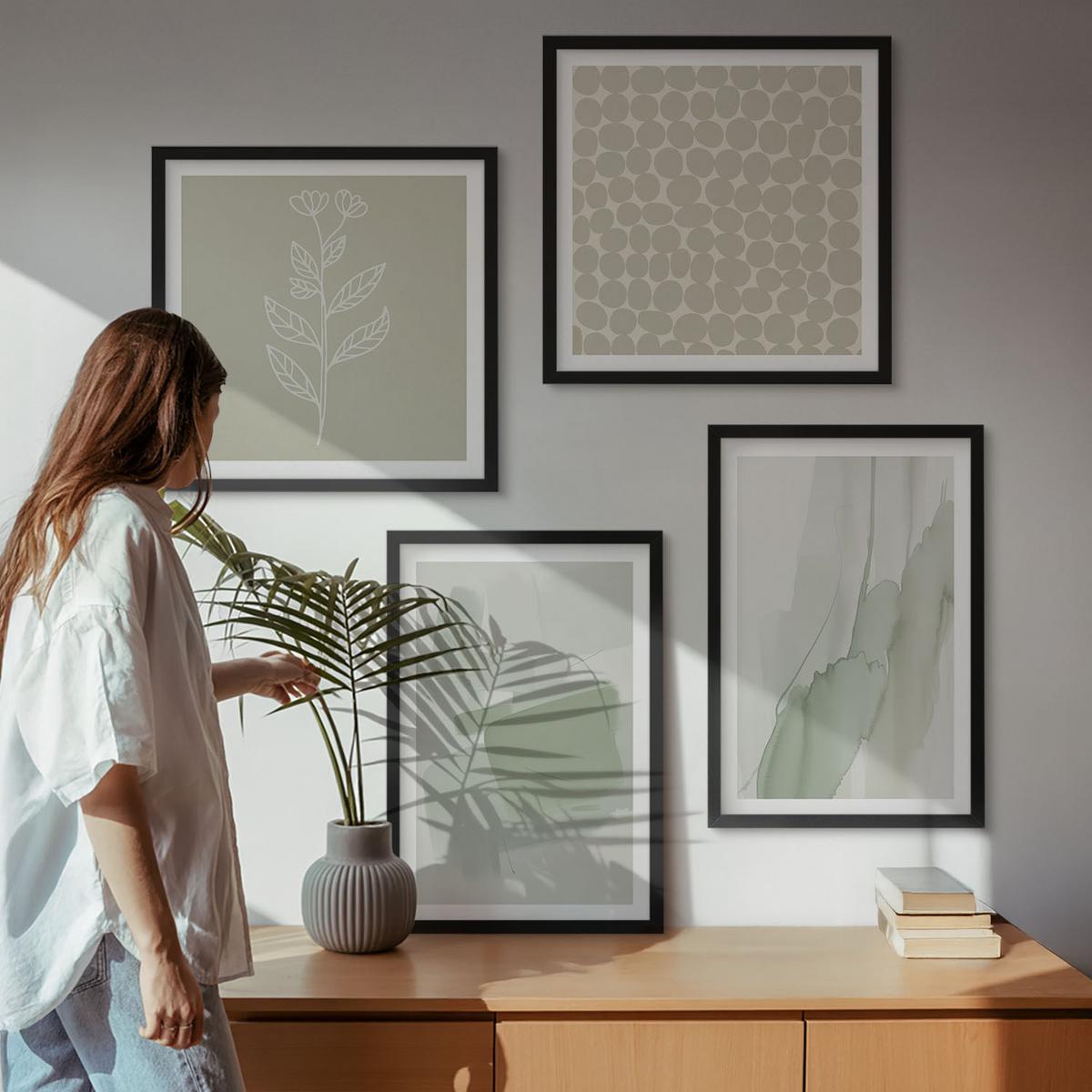 BILDER SET 4er Set - 50x50 cm & 40x60 cm Schwarzer Rahmen - Abstrakte Aquarellpflanzen - Schwarz, Kunststoff (50/50cm) - TULUP