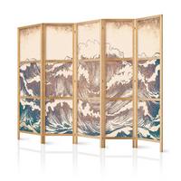 PARAVENT Japanischer 5-tlg 225x172 cm Vintage Wellen - Beige, Holz/Textil (225/172/3cm) - Muralo