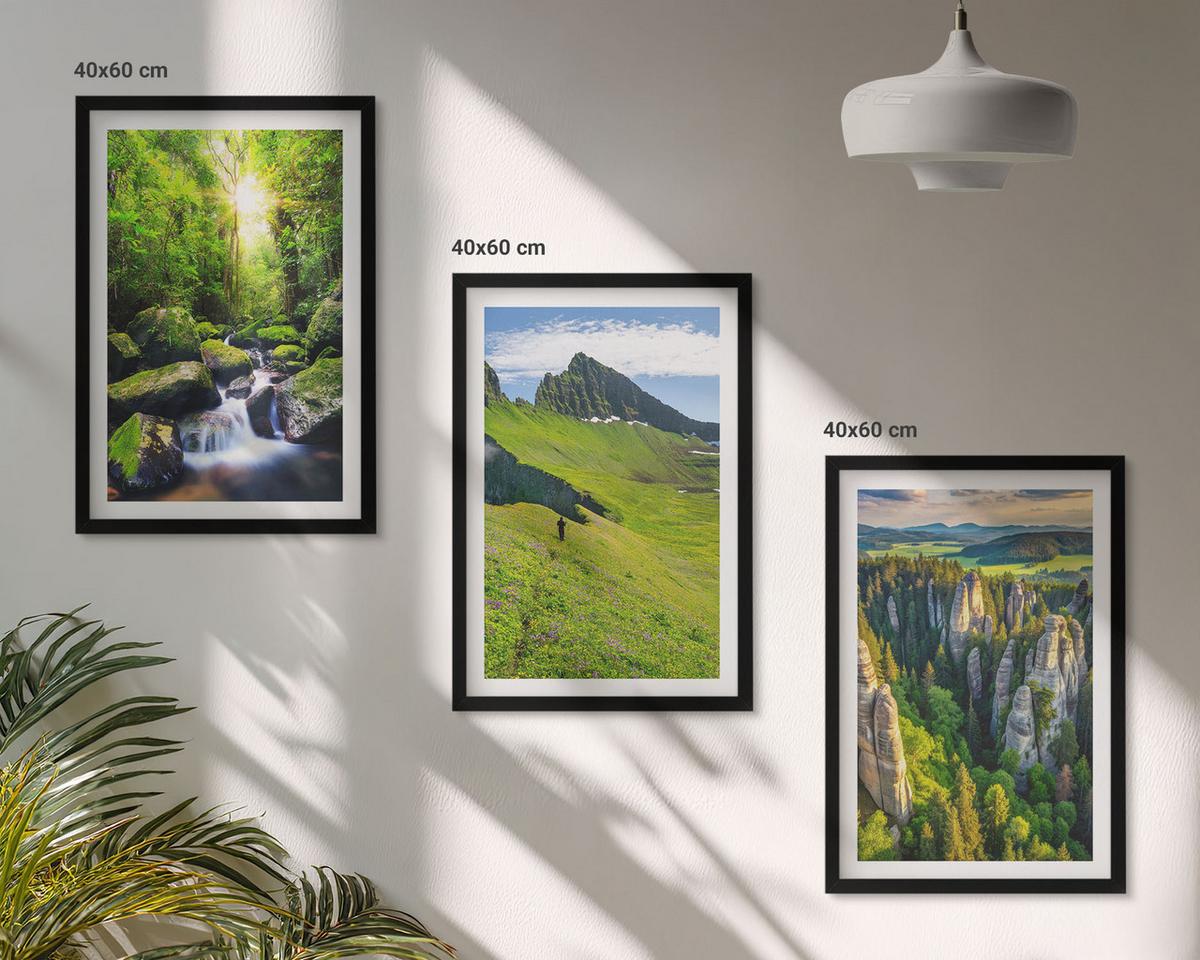 BILDER SET 3er Set - 40x60 cm Schwarzer Rahmen - Grüne Berge Wasserfallwald - Schwarz, Kunststoff (40/60cm) - TULUP