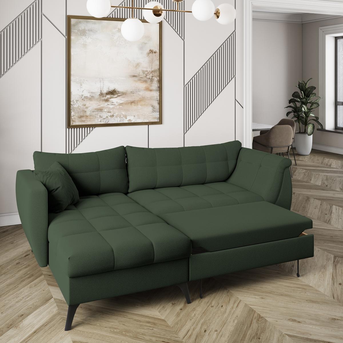 ECKSOFA MOLLIS Grün Geflochtener-Stoff mit Schlaffunktion - Grün, Holz (241/154cm) - MASSENO