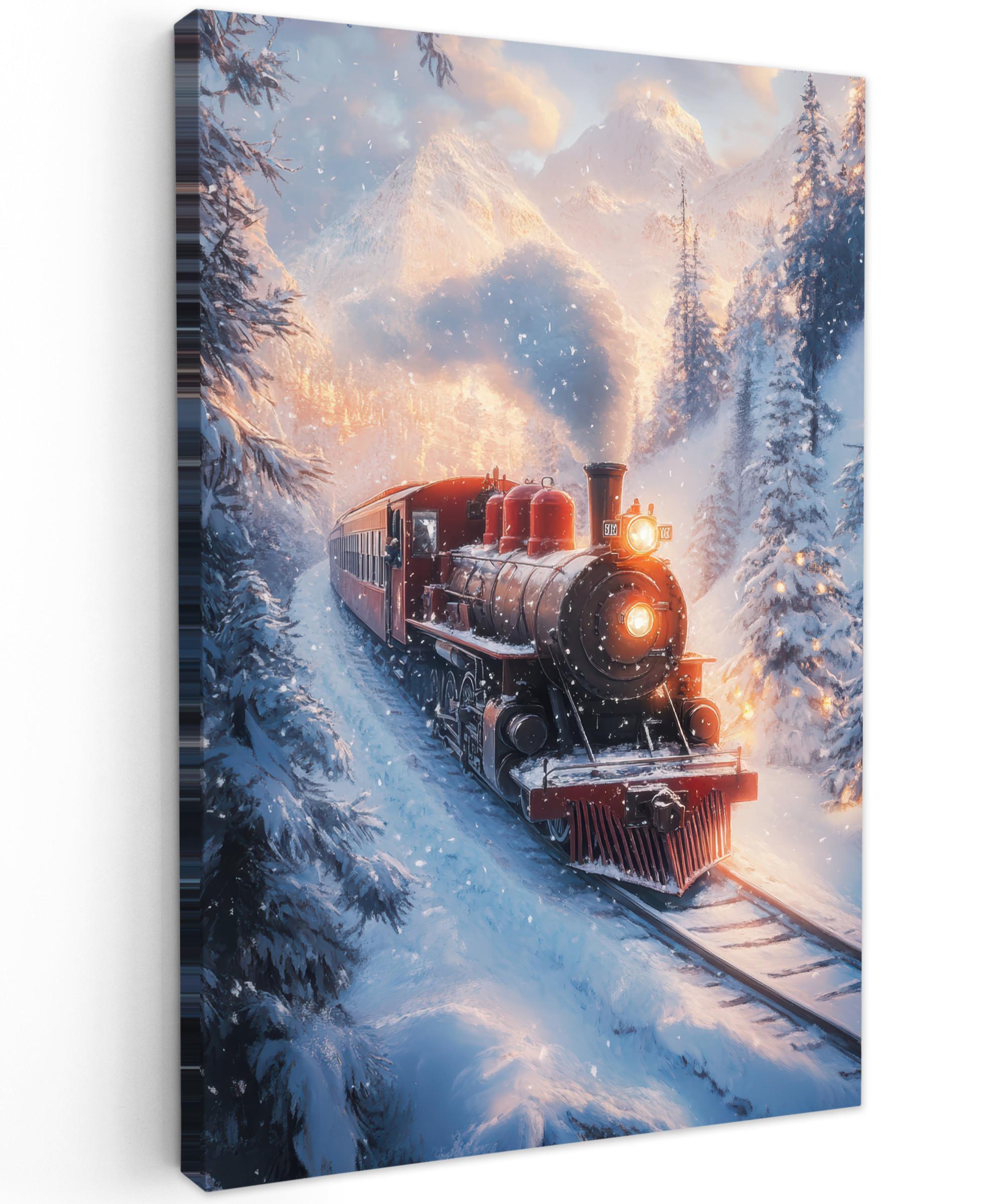 LEINWANDBILD Weihnachtszug - Schnee - Winter - Weihnachten Deko XXL 80x120 cm - Dunkelrot, Textil (80/120cm) - MuchoWow