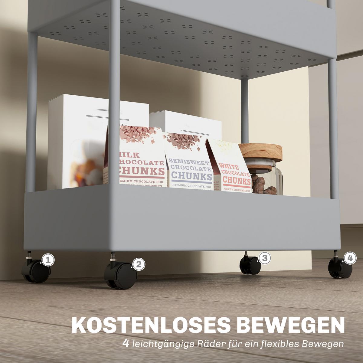 ROLLWAGEN mit 4 Ebenen, Kunststoff, Grau, 40 x 19 x 90 cm - Grau, Metall (19/90/40cm) - HOMCOM