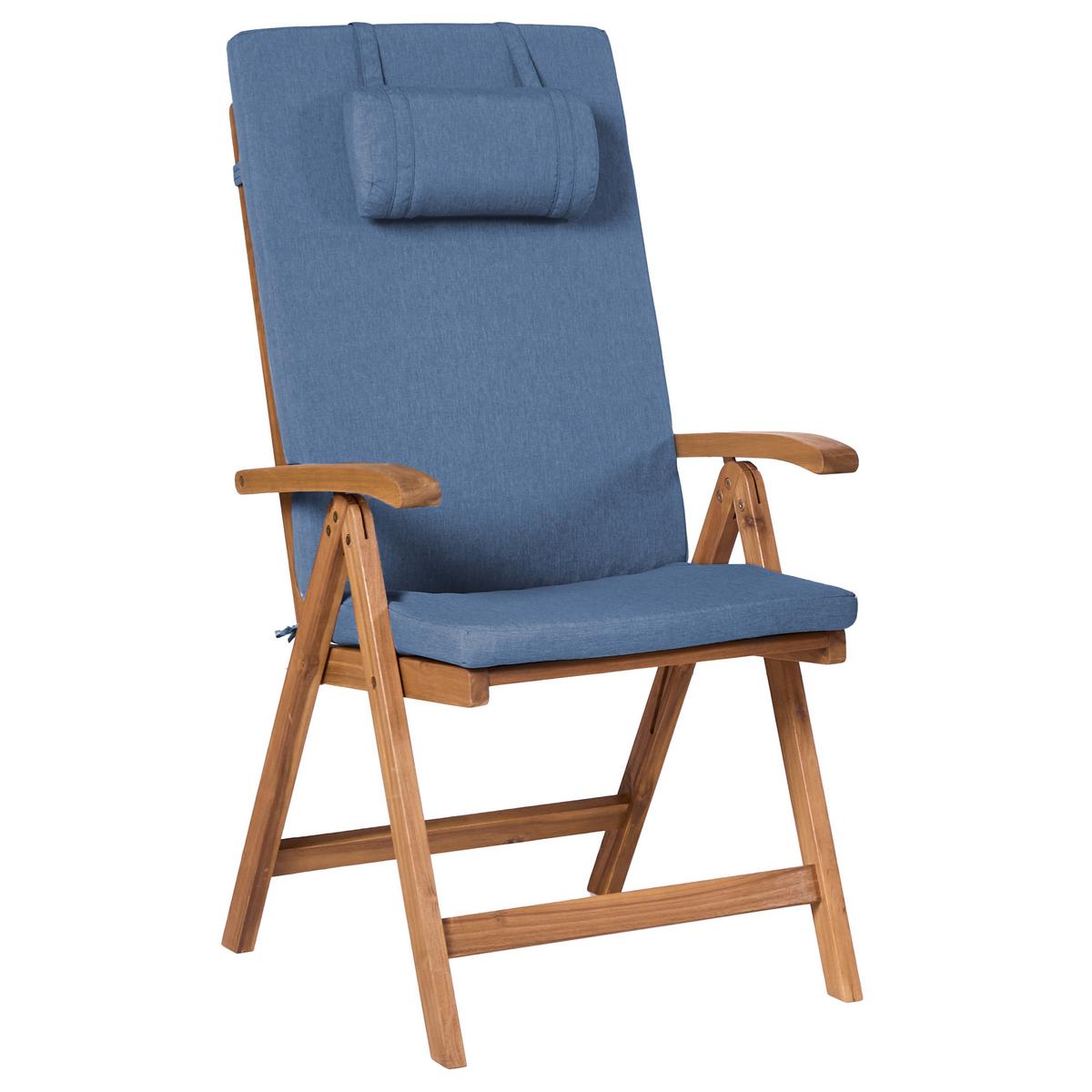 GARTENSTUHL 6er-Set und Sitzkissen Akazienholz Blau Java Premium - Hellbraun, Holz (54/105/69cm) - Beliani
