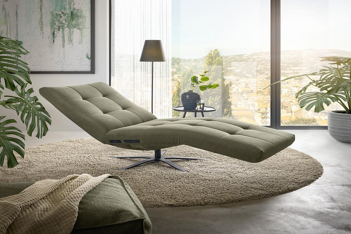 RELAXLIEGE LETICIA Grün Cord Drehbar (360°), Relaxfunktion - Schwarz/Olivgrün, Textil/Metall (82/115/156cm) - KAWOLA