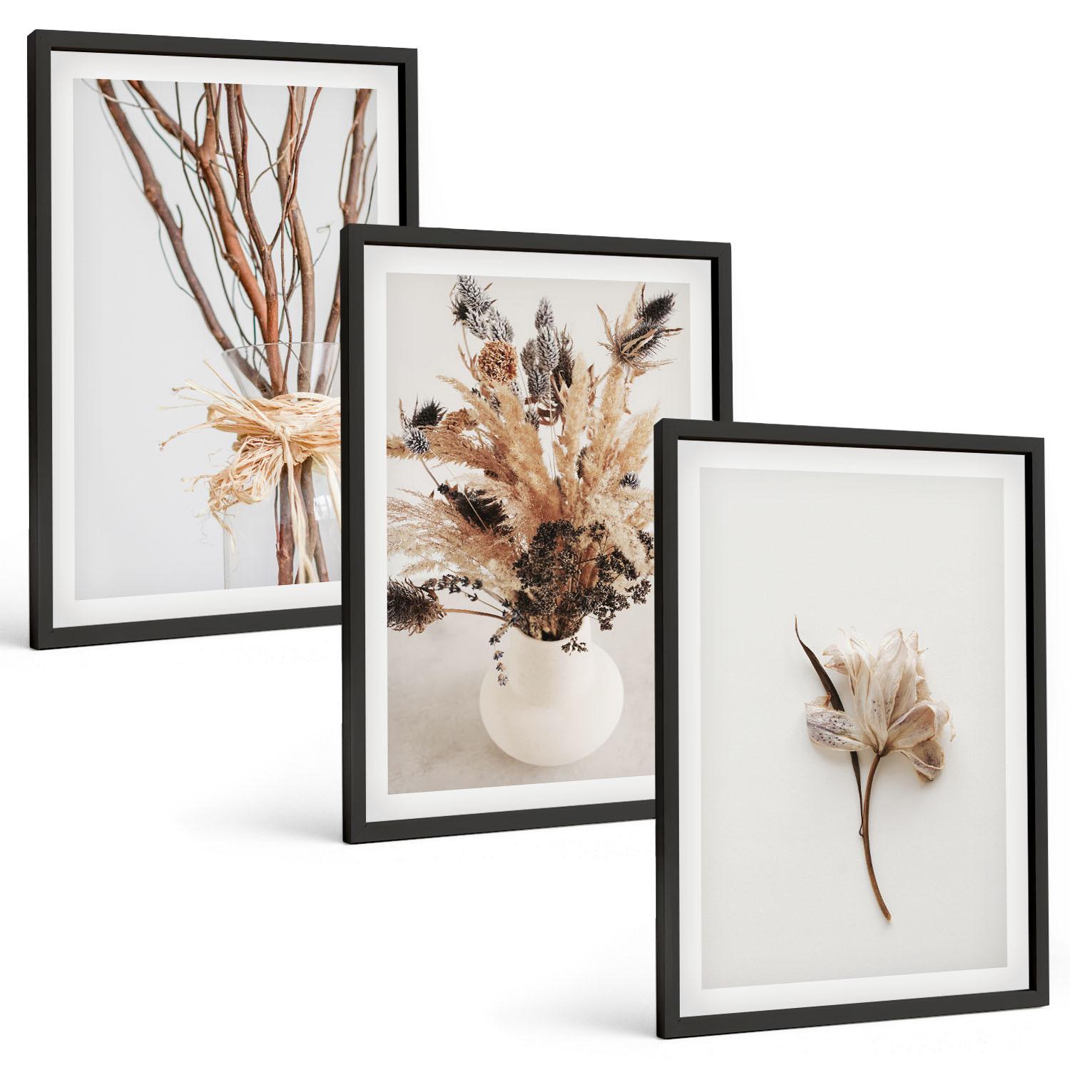 BILDER SET 3er Set - 40x60 cm Schwarzer Rahmen - Blumenzweige minimalistisch - Schwarz, Kunststoff (40/60cm) - TULUP