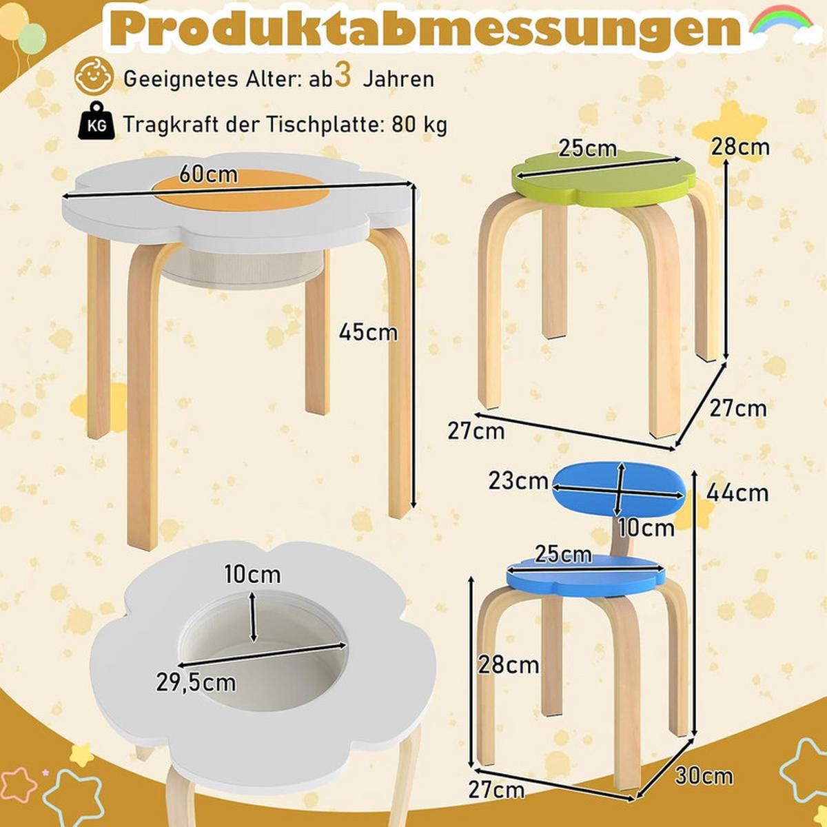 KINDERSCHREIBTISCH-SET Blumenförmig mehrfarbig(5-tlg) - Multicolor, Holzwerkstoff (60/45/60cm) - COSTWAY