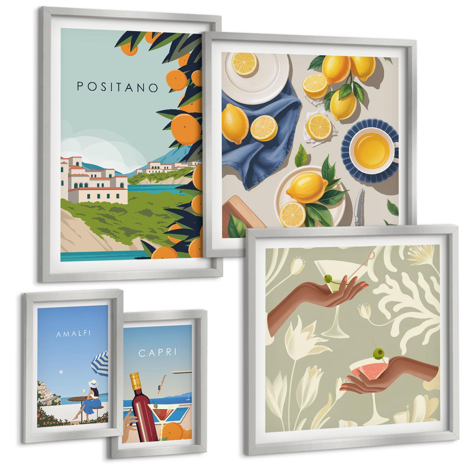 BILDER SET 5er Set - 50x50 cm & 20x30 cm & 40x60 cm Silberner Rahmen - Fruchtmuster und italienische Kultur - Silberfarben, Kunststoff (40/60cm) - TULUP
