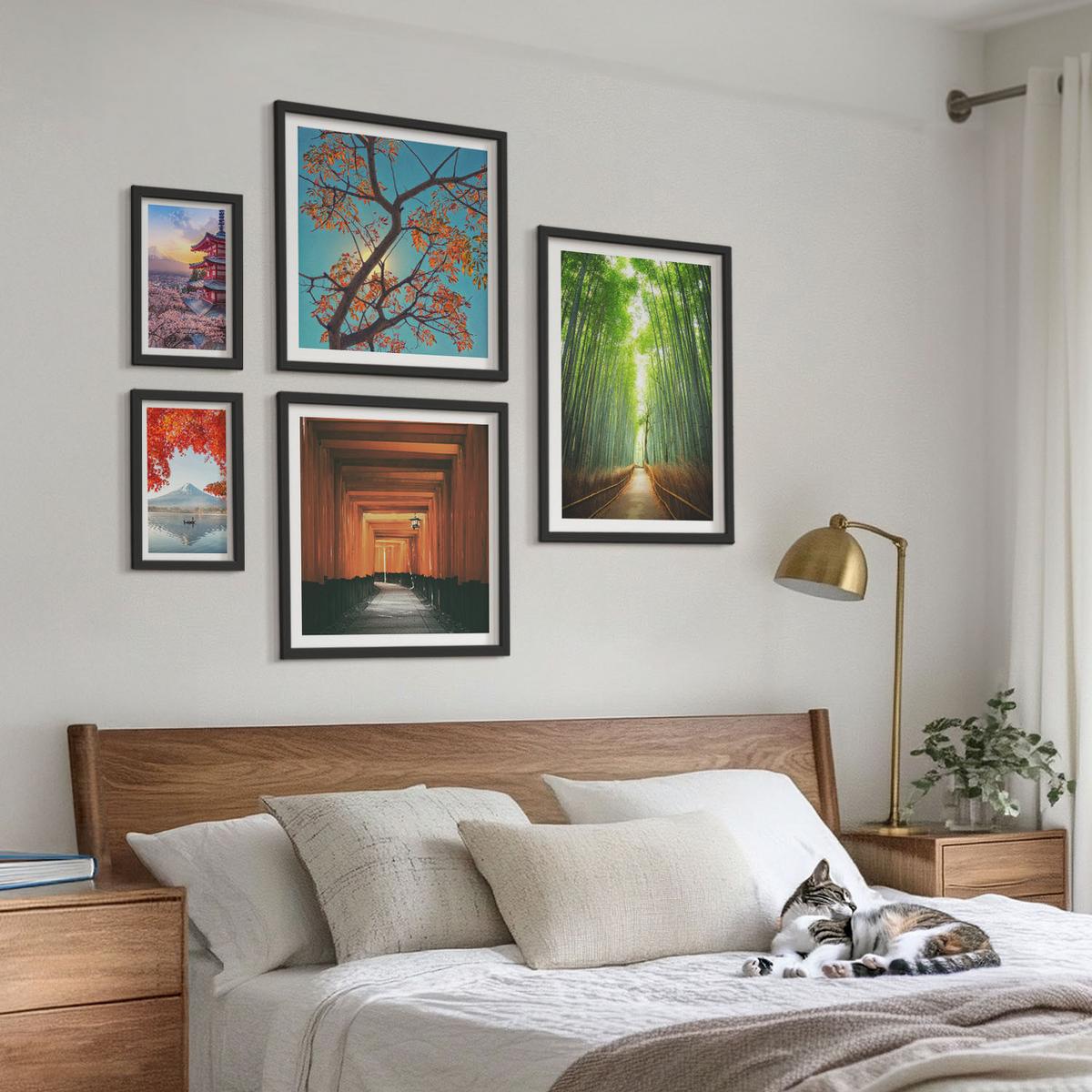 BILDER SET 5er Set - 50x50 cm & 20x30 cm & 40x60 cm Schwarzer Rahmen - Meerblick, farbenfrohe Häuser - Schwarz, Kunststoff (40/60cm) - TULUP