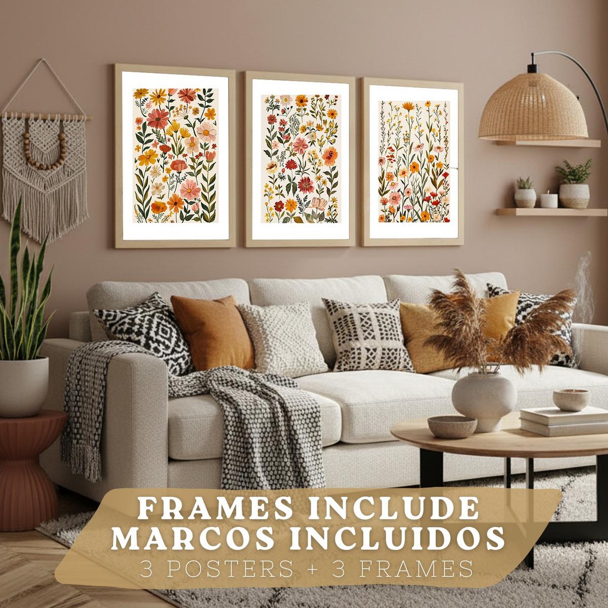 POSTER 3er-Set Wandbilder Wildblumen modern Wohnzimmer Deko, Schlafzimmer, Küche, Badezimmer Leichter Holzrahmen A4 - Beige, Papier (29.7/1/21cm) - Nacnic
