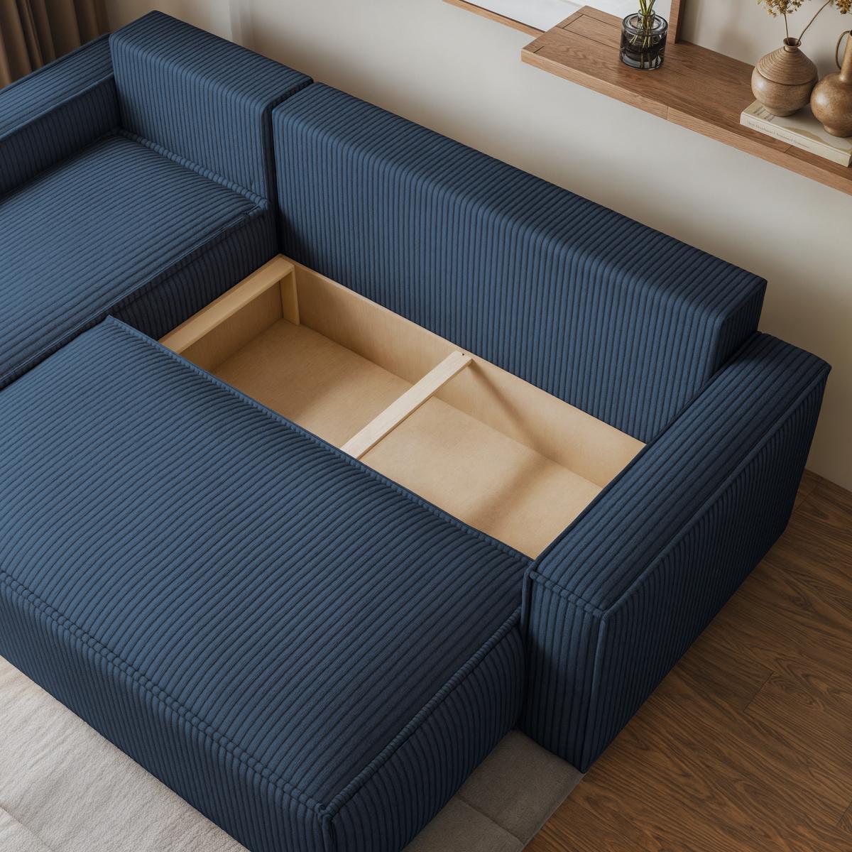 ECKSOFA RAVELO P Blau Kordstoff mit Schlaffunktion - Blau/Grau, Holz/Kunststoff (240/140cm) - MASSENO