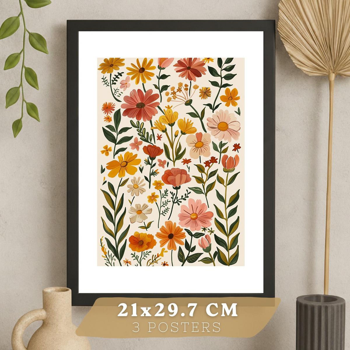 POSTER 3er-Set Wandbilder Wildblumen modern Wohnzimmer Deko, Schlafzimmer, Küche, Badezimmer Schwarzer Rahmen A3 - Schwarz, Papier (29.7/1/42cm) - Nacnic