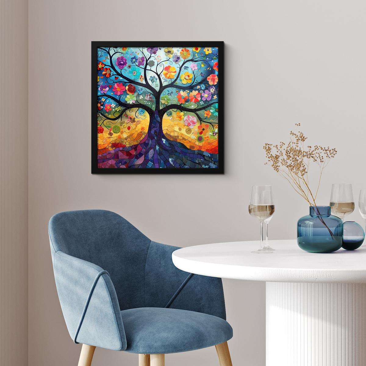 POSTER MIT RAHMENGERAHMTES BILD Kunst - Baum des Lebens - Blumen - Hippie 40x40 cm - Dunkelblau, Papier (40/40cm) - MuchoWow