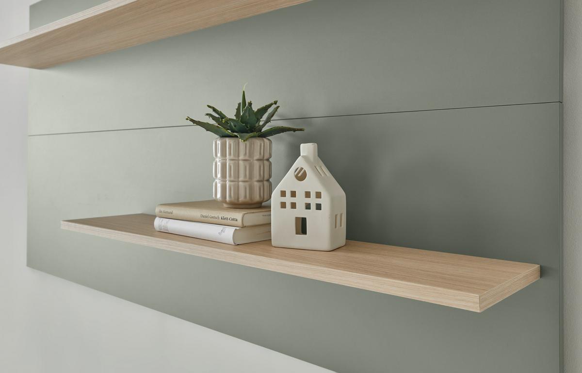 WANDPANEEL Salbei grün, Barista Eiche 155 x 80 cm, Wandregal mit 2 Ablagebödem - Salbeigrün/Eichefarben, Holzwerkstoff/Metall (155/80/20cm) - Furn.Design