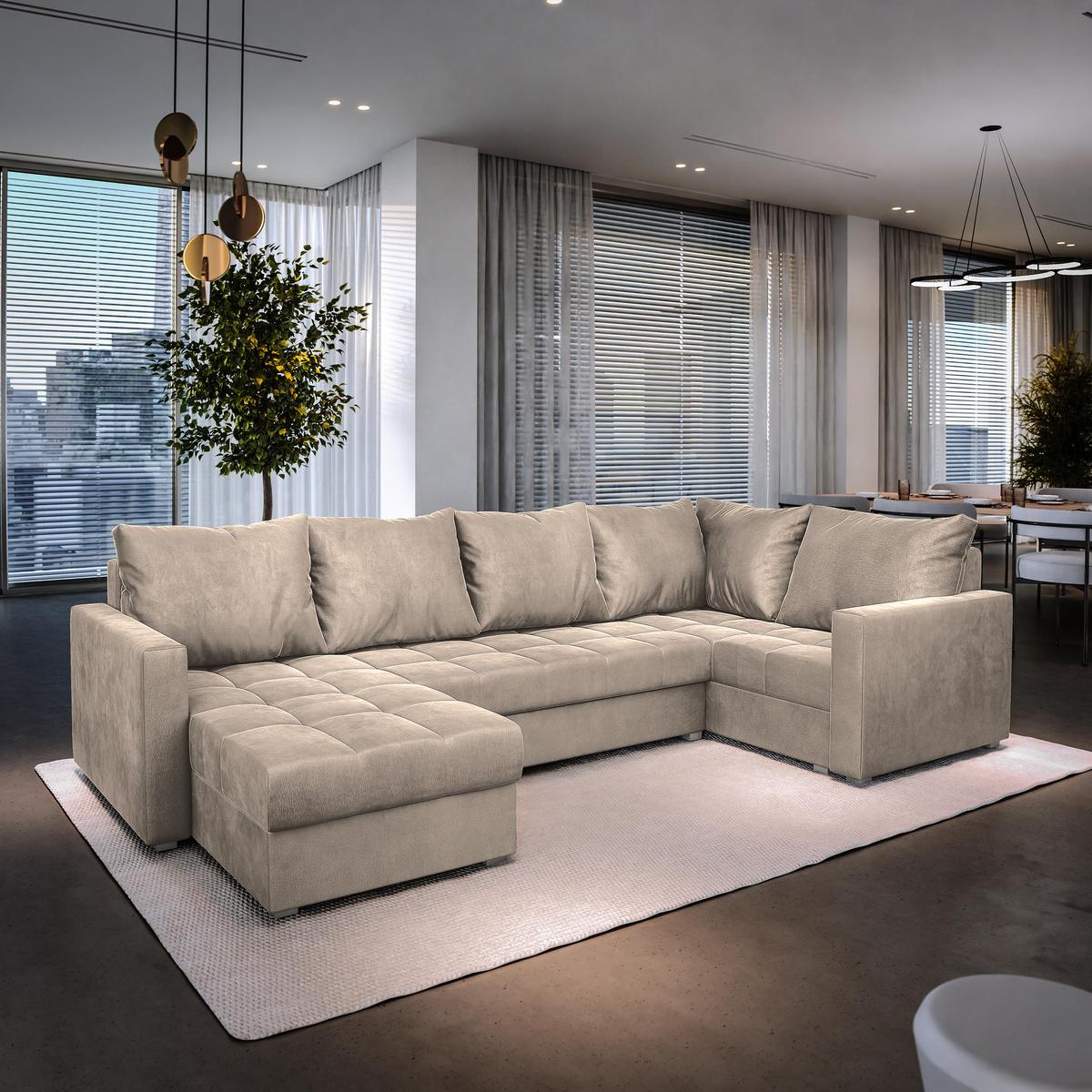 WOHNLANDSCHAFT LORIVO R-S Beige Plüsch-Stoff mit Schlaffunktion - Beige/Grau, Holz/Kunststoff (285/85/150cm) - MASSENO