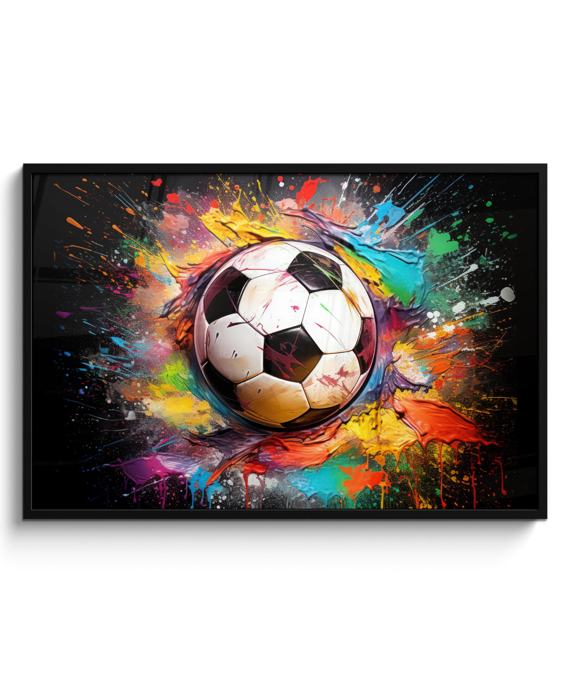 POSTER MIT RAHMENGERAHMTES BILD Fußball - Farbe - Farben - Schwarz - Weiß 120x80 cm - Weiß, Papier (120/80cm) - MuchoWow