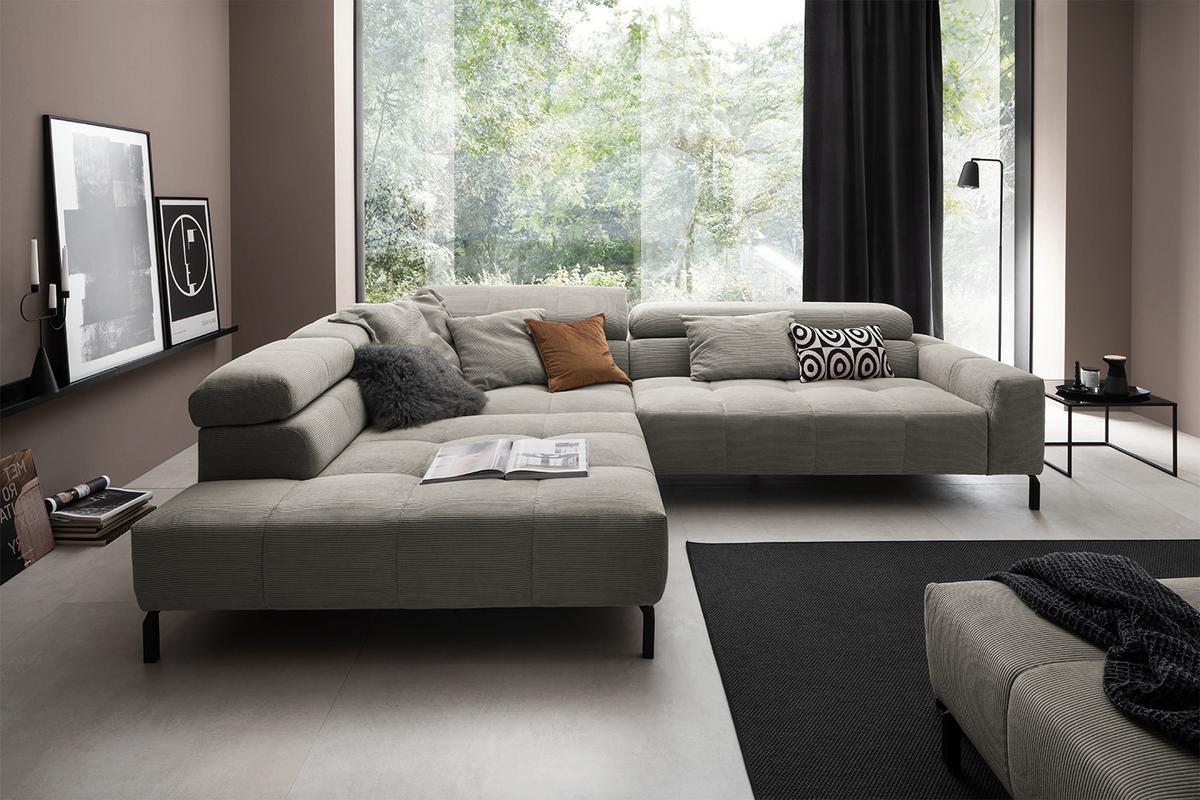 ECKSOFA OHIO Grau Cord - Schwarz/Grau, Textil/Metall (311/219cm) - KAWOLA