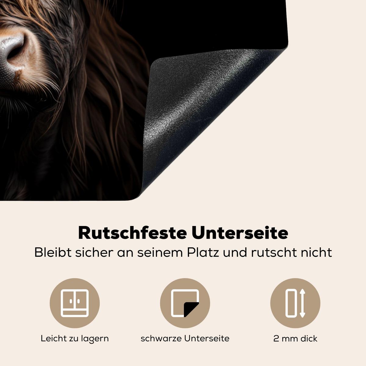 HERDABDECKPLATTE Schottischer Highlander - Porträt - Schwarz - Tier Herdabdeckung Induktionsfeld 65x52 cm - Braun, Kunststoff (65/52/0.2cm) - MuchoWow