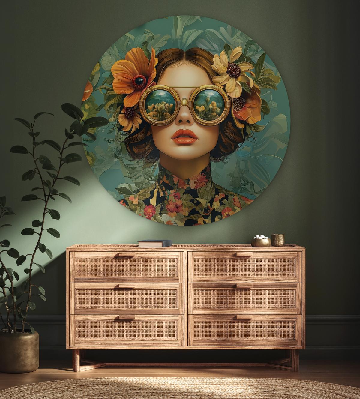 WANDBILD Frau - Blumen - Schmetterlinge - Natur - Vintage Deko Groß 150x150 cm - Petrol, Kunststoff (150/150cm) - MuchoWow