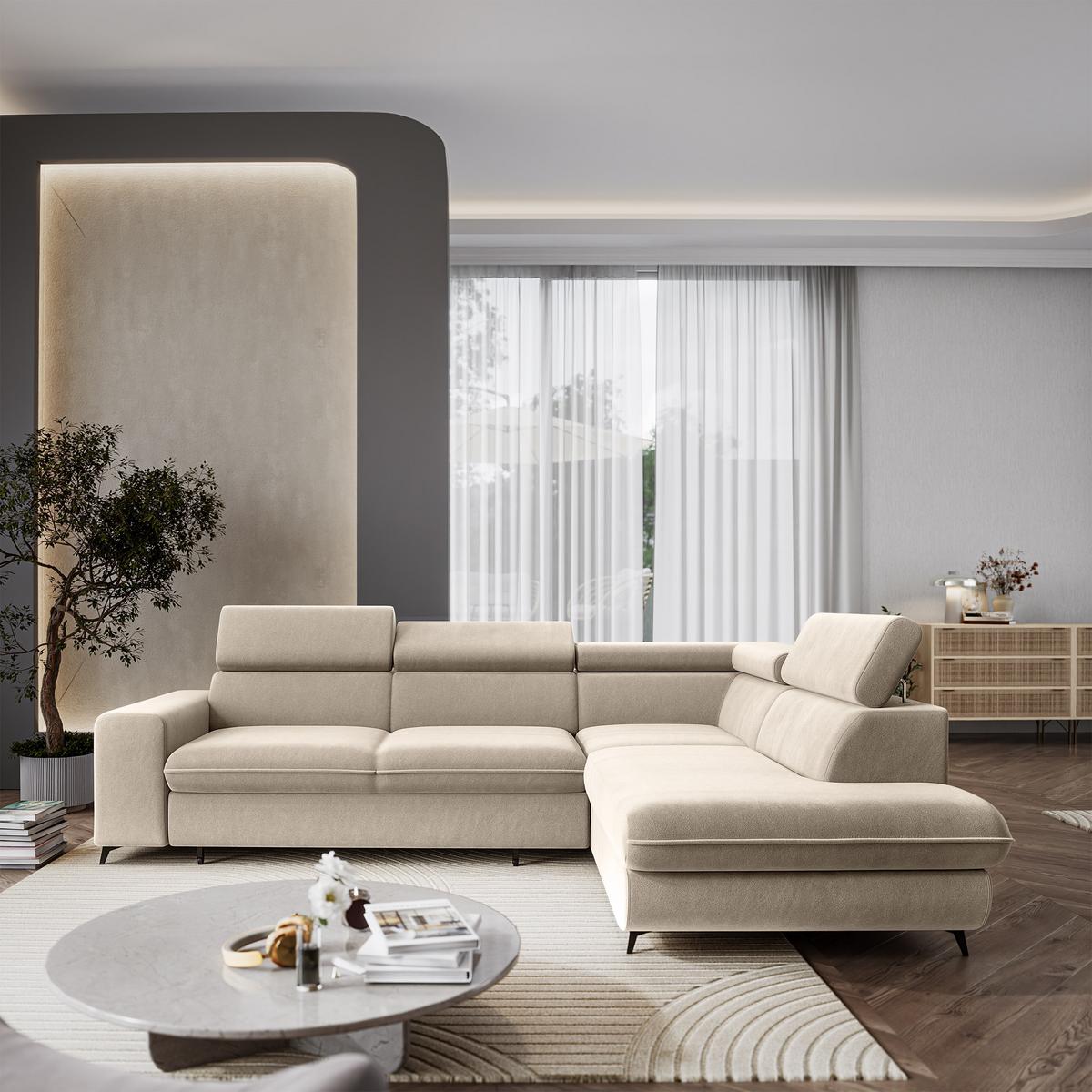 ECKSOFA VELISS Creme Veloursstoff mit Schlaffunktion - Creme, Holz (255/193cm) - MASSENO