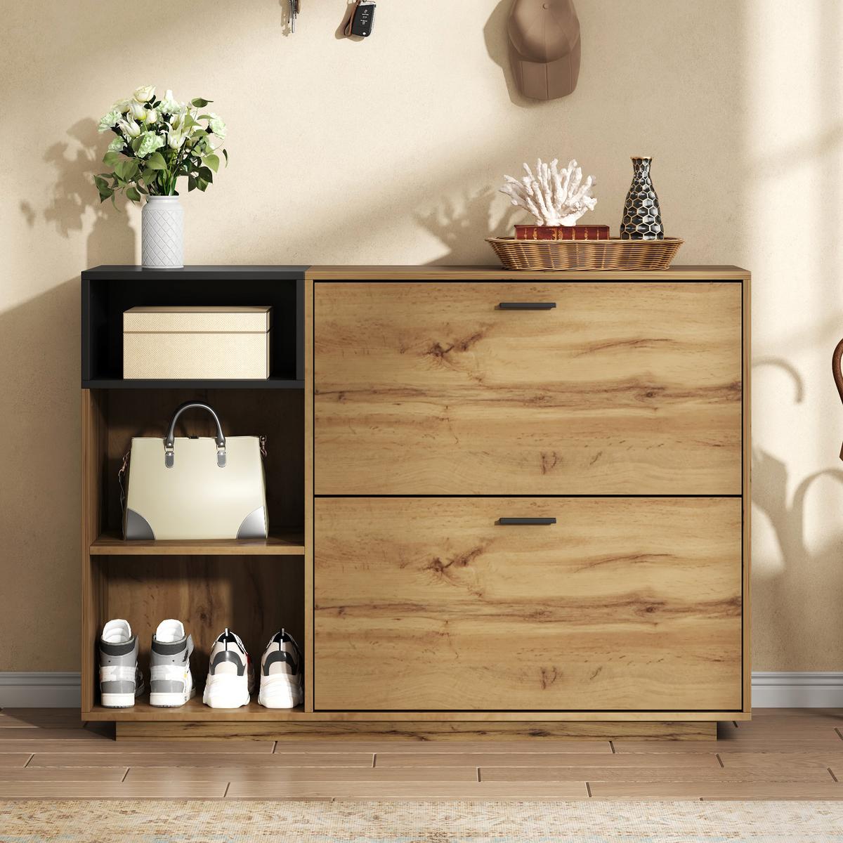 SCHUHESCHRANK mit 3 offene Fächer & 2 Klappfächer Natur+Schwarz - Naturfarben, Holzwerkstoff (120/84.5/32cm) - Urban Meuble