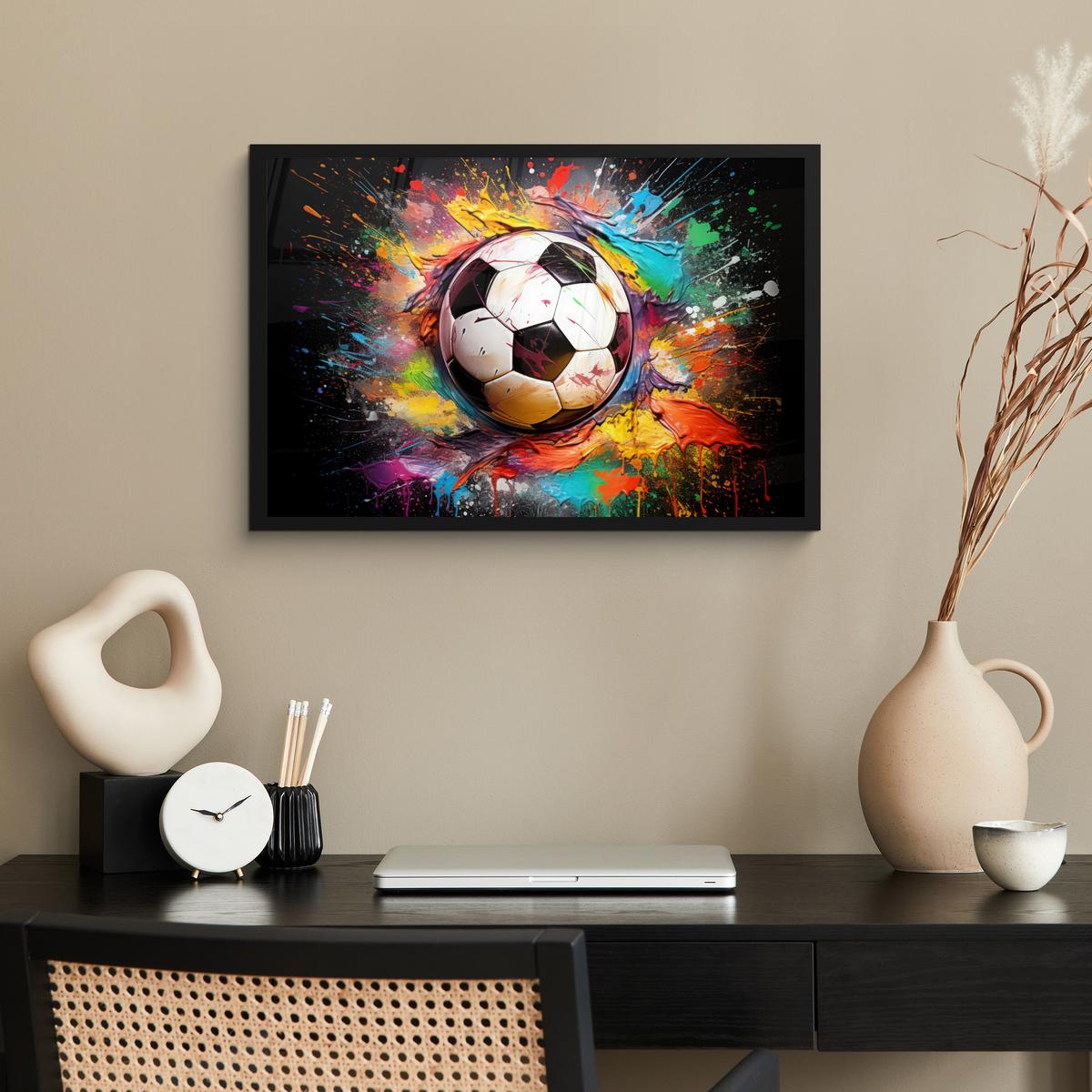 POSTER MIT RAHMENGERAHMTES BILD Fußball - Farbe - Farben - Schwarz - Weiß 60x40 cm - Weiß, Papier (60/40cm) - MuchoWow